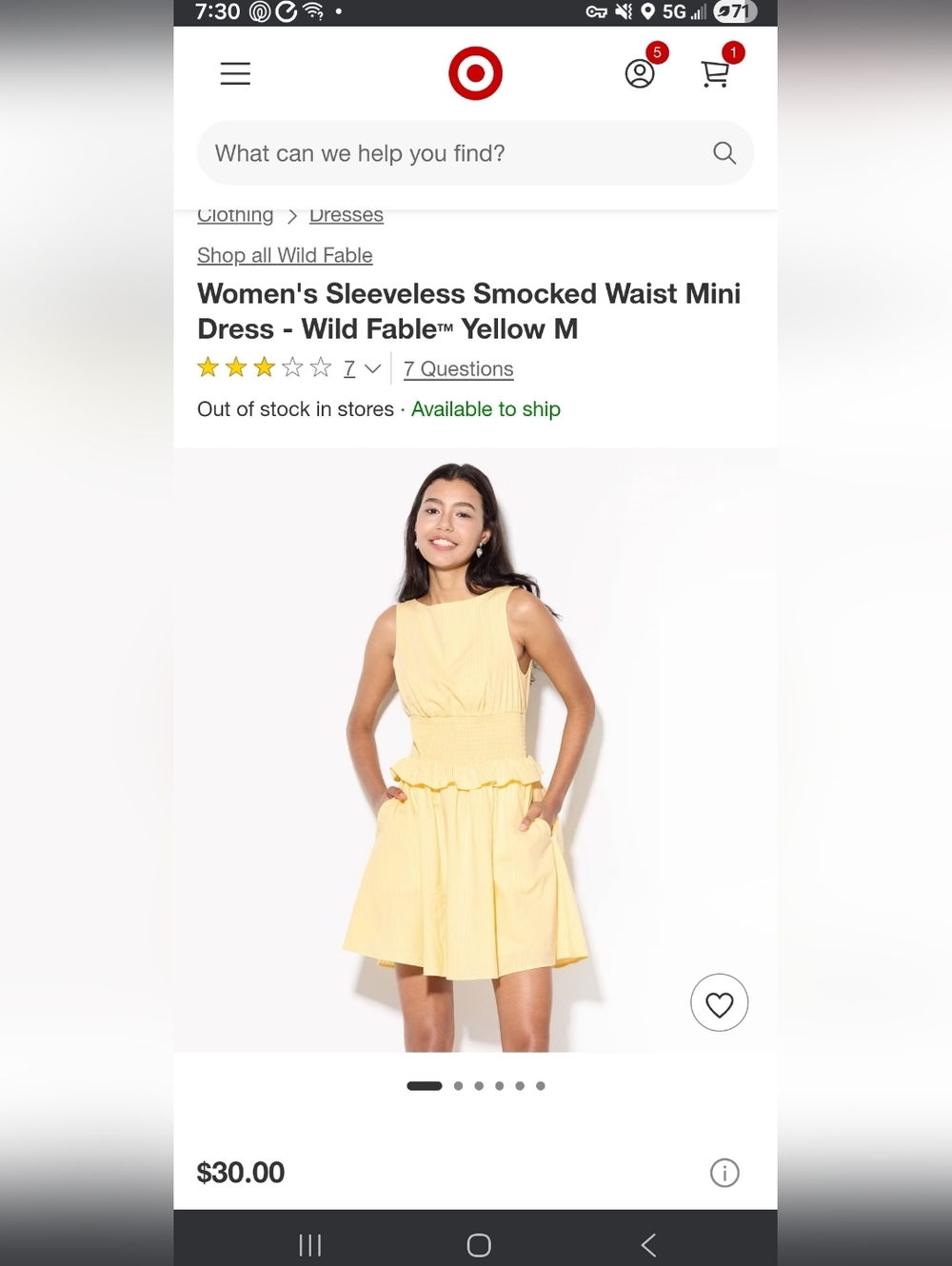 NWT Yellow Smocked-Waist Sleeveless Mini Dress